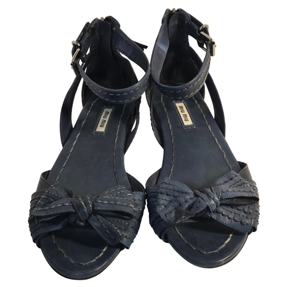 Sz 9 Miu Miu Blue Leather Bow Flat‎ Sandals Ankle Strap Women Italian Handmade